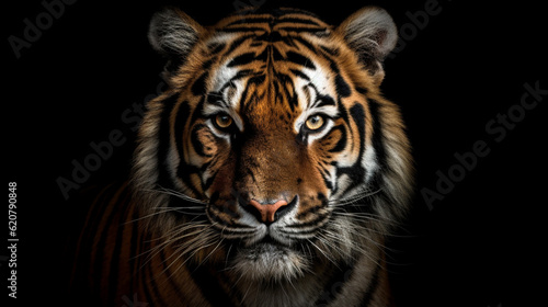 A close up of a tiger on a black background  Generative AI