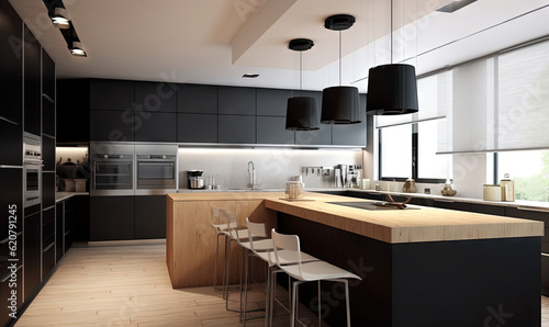  a modern kitchen with black cabinets and a large island counter. generative ai
