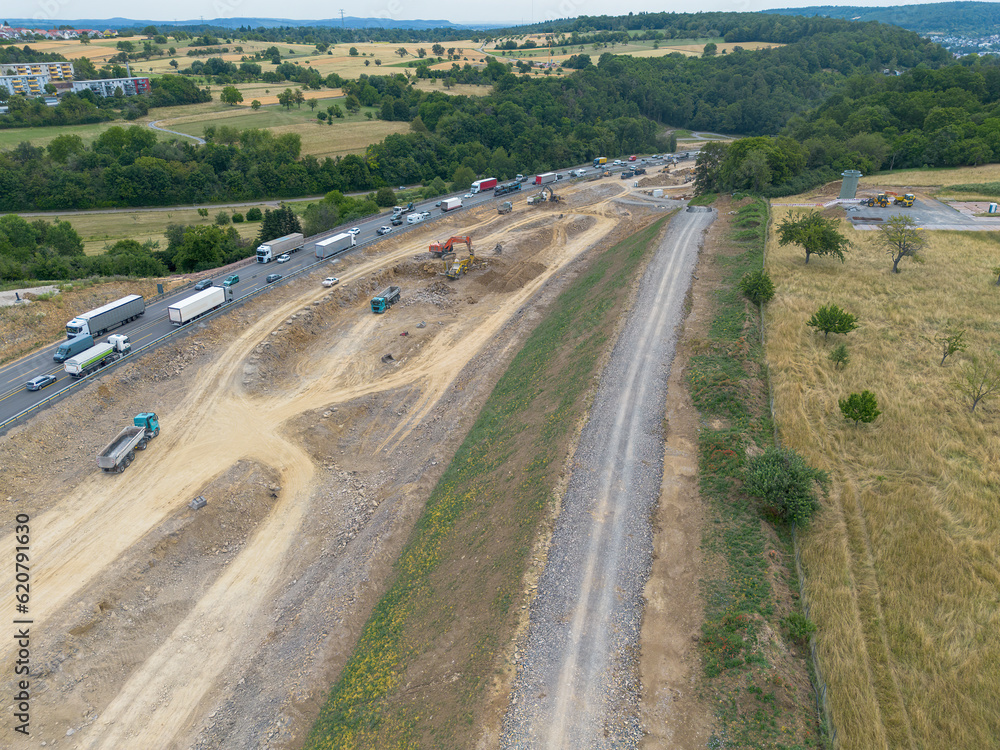 Motorway construction site with construction vehicles and machines, new construction and renovation of the A8 near Pforzheim, drone recording