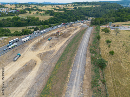 Motorway construction site with construction vehicles and machines, new construction and renovation of the A8 near Pforzheim, drone recording