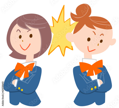 腕組みしてお互いを見る女子学生
