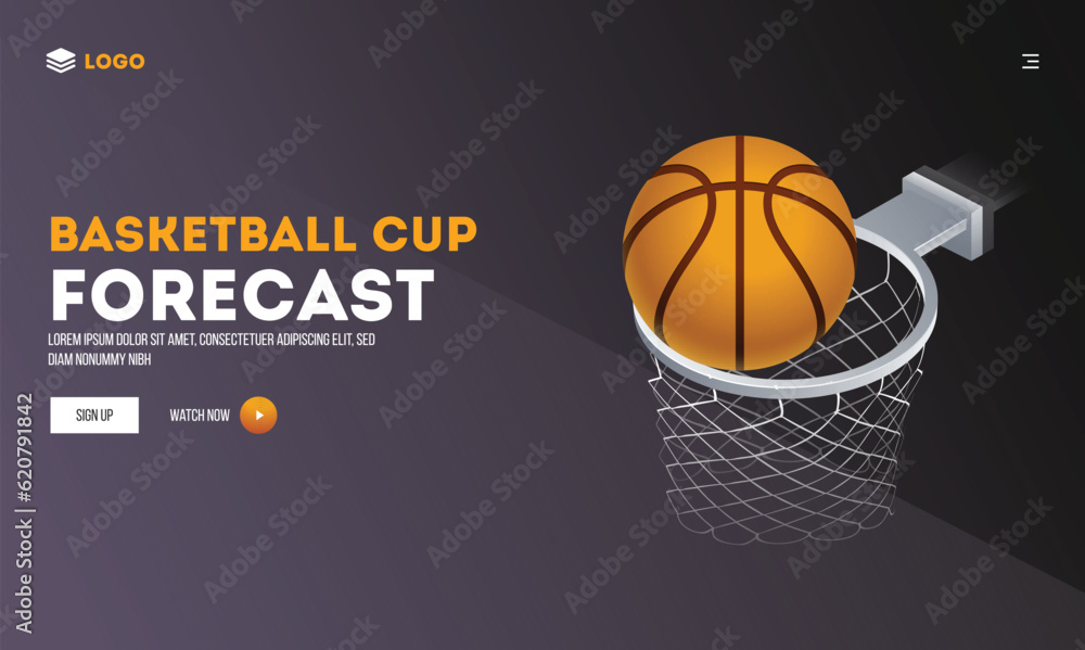 Watch Now Basketball Cup Forecast Website Banner Design with Highlight Basketball Goal in Hoop Net.