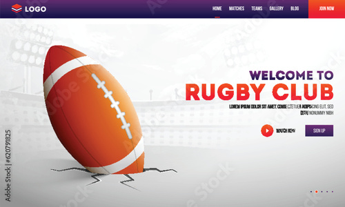 Welcome To Rugby Club Landing Page or Website Banner Design with Rugby Ball in Crushed Stadium.