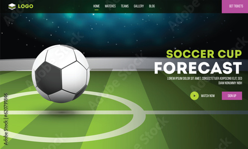 Watch Now Soccer Cup Forecast Website Banner Design with Realistic Football on Shiny Green Field Background.