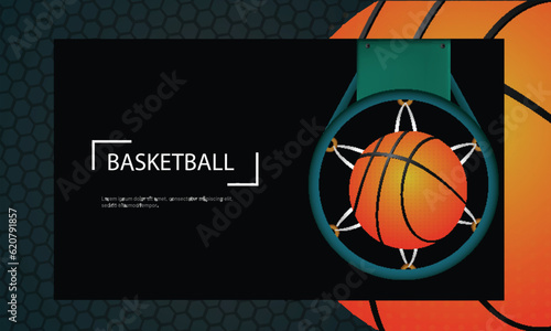 Basketball Tournament Responsive Template or Website Banner Design with Aerial View of Basketball Goal in Hoop Net. © Abdul Qaiyoom
