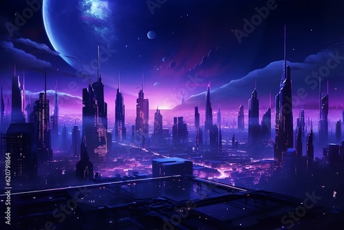 Cyberpunk city at night, bird eyes view, neon blue and purple, dark night sky