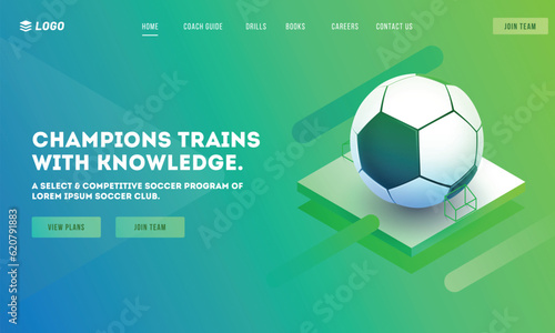 Soccer Champions Trains and Knowledge Game App or Responsive Template Design with Football on Court.