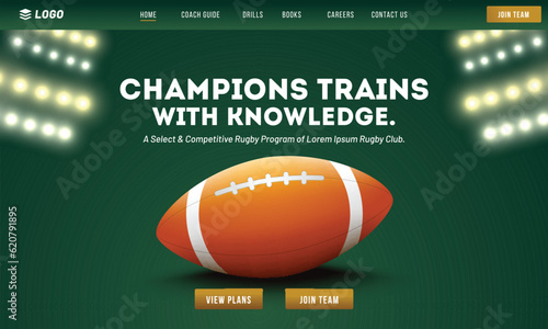 Rugby Champions Trains and Knowledge Game App or Responsive Template Design with Rugby Ball on Stadium Background.