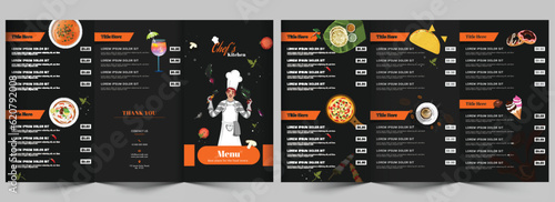 Chef's Kitchen Menu Card or Tri-Fold Brochure Layout with Double-Side for Restaurant or Hotel.