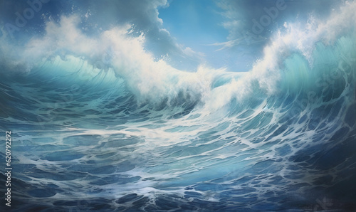  a painting of a large ocean wave with a blue sky in the background. generative ai