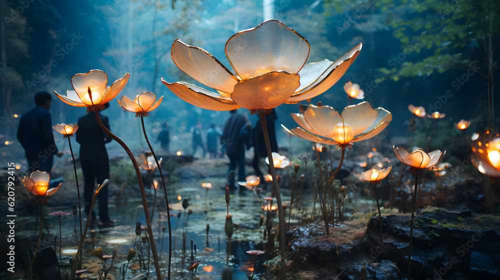 A mysterious, pulsating plant with iridescent petals, rooted in a hidden clearing within a dense jungle, green and gold and blue, surreal photography A mysterious, pulsating plant with iridescent petals, rooted in a hidden clearing within a dense jungle, green and gold and blue, surreal photography