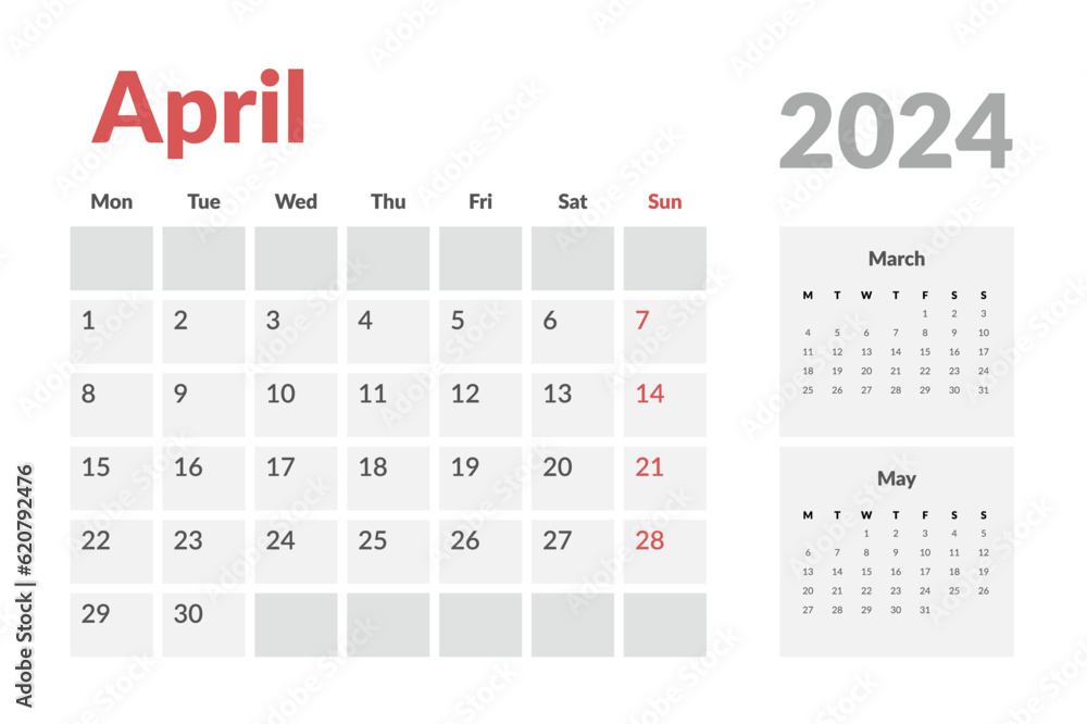 Calendar Template of april 2024. Vector layout simple calendar with week start Monday. Calendar Template of april 2024. Vector layout simple calendar with week start Monday.
