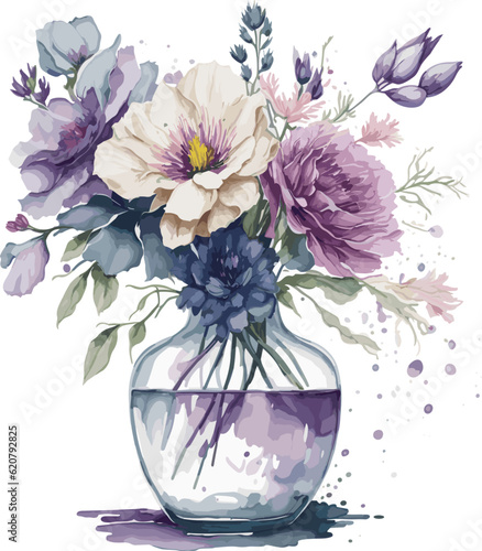 Watercolor bouqet with wild pink and white flowers in vase. Collection magenta flowers, leaves, branches. Design for greetings, card, invitation, flyer, banner.