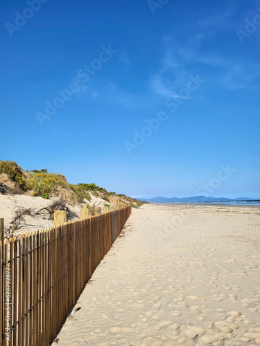 Sandy Point Beach with clear blue skies and golden sands. Copy Space