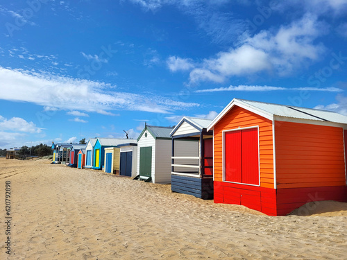 Bright colourful beach huts At Mount Marth on Mornington Peninsular. The bathing boxes are very expensive and are very rarely for sale. There are over 1000 huts on the peninsula from Rosebud to Mount 