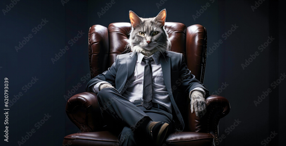 Cat human wearing business suits sitting on chair, realistic, cinematic sun light scene on black background, Generative Ai