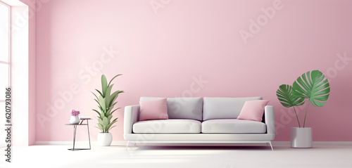 portrait of living room interior with minimalist style decoration and bright pastel color background, generative ai