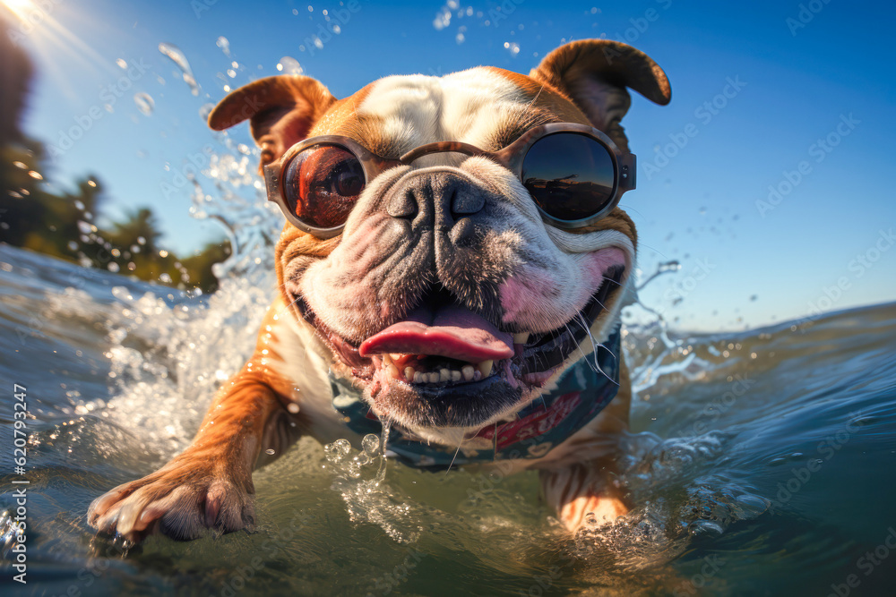 Cute Bulldog wearing glasses swimming the beach in summer time and wave water background , Generative Ai