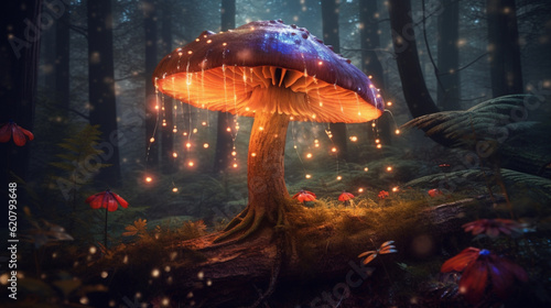 A group of mushrooms in the middle of a forest , Generative AI