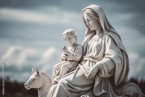 White statue of the Orthodox Mother of God Virgin Mary with the baby on a donkey biblical picture AI