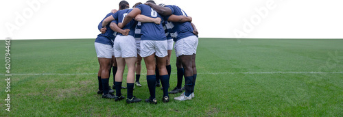 Digital png photo of diverse rugby players teaming up and embracing on transparent background