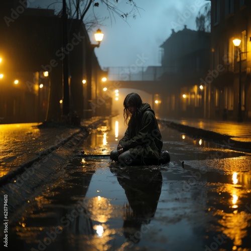 sad girl sitting in the street