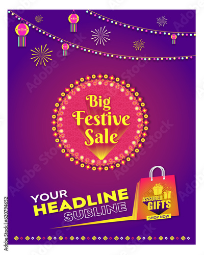 Big Festive Sale Advertisement  Template, Indian Festivals, Ad mockup, Celebrations background, Online Shopping Vector Design