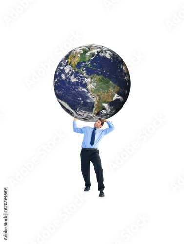 Digital png photo of caucasian businessman carrying planet earth on transparent background