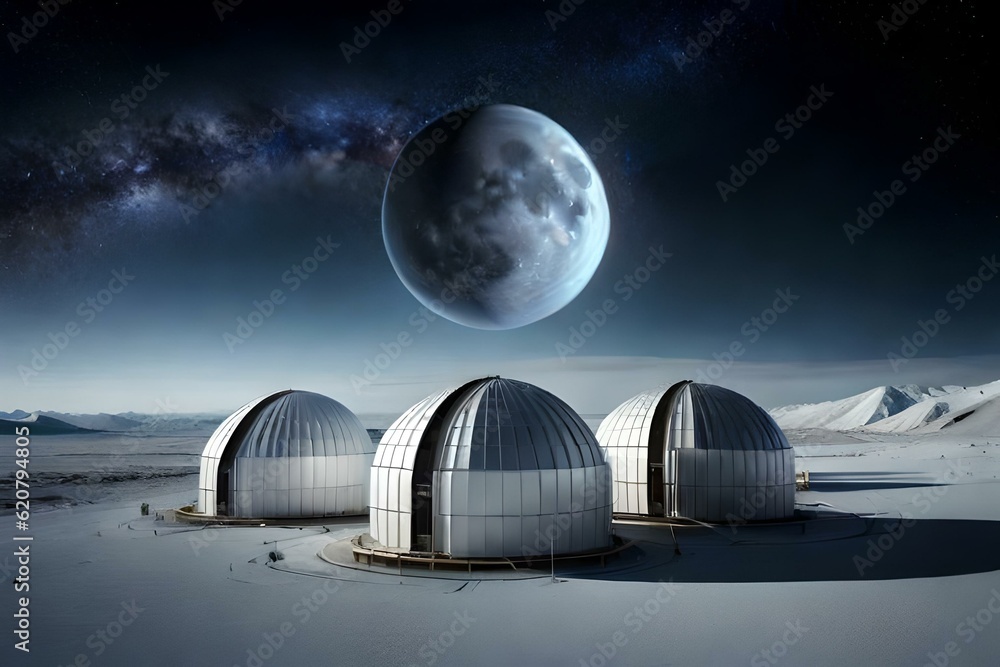 A cluster of transparent geodesic domes housing a lunar research ...