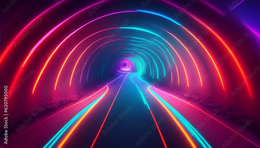 Blue Abstract Neon Lights in Digital Technology Tunnel. Generative AI