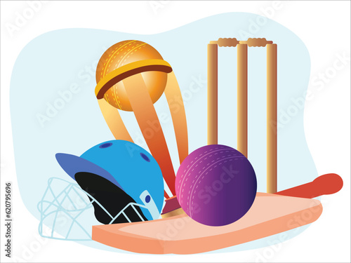 cricket  trophy, bat, ball, helmet, and stamps
