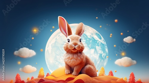 Cheerful Rabbit Celebrating Mid Autumn, Happy Mid Autumn Festival Background. Generative Ai photo