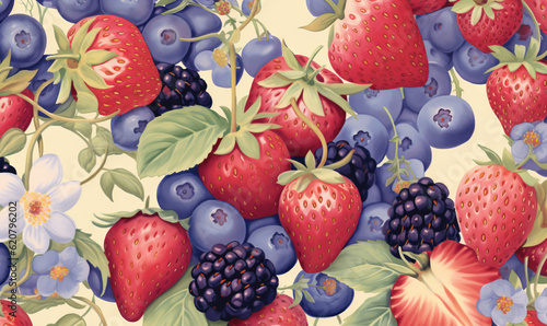 a painting of berries and blueberries on a white background. generative ai