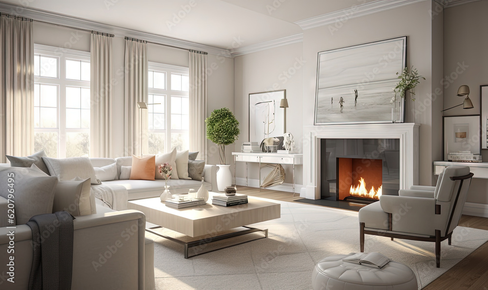 a living room filled with furniture and a fire place in the corner. generative ai a living room filled with furniture and a fire place in the corner. generative ai