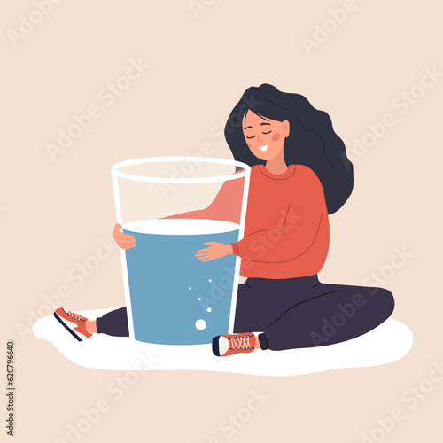 Water balance. Thirsty woman hugs large glass of pure water. Morning routine. Useful habit, diet and healthy lifestyle. Refreshment concept. Vector illustration in flat cartoon style.