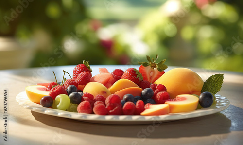  a plate of fresh fruit is on a table outside with a blurry background.  generative ai