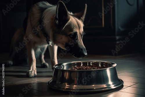 Fotografie, Tablou Dog fetching metal bowl for food or water. Generative AI