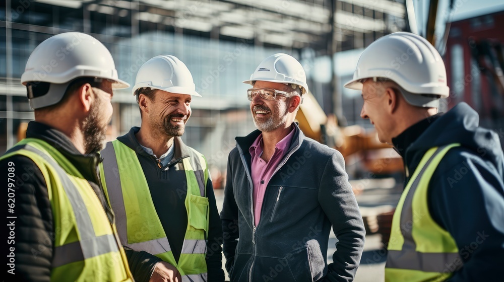 Generative AI Construction manager talking about architectural plan at construction site Generative AI Construction manager talking about architectural plan at construction site