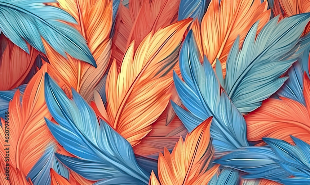 Feathers blue and red seamless pattern. Animalistic wallpaper. Feathers blue and red seamless pattern. Animalistic wallpaper.