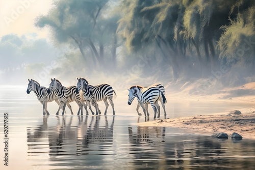 herd of zebras crossing the river