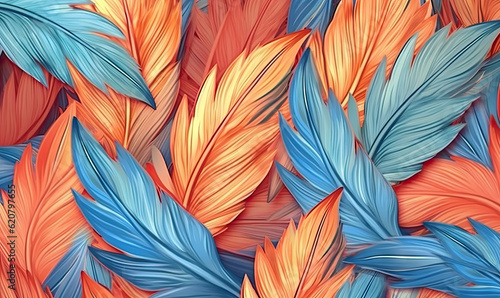 Feathers blue and red seamless pattern. Animalistic wallpaper.