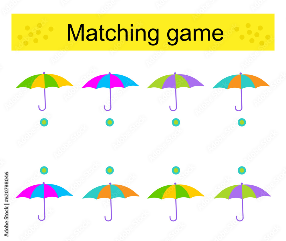 Matching game. Task for the development of attention and logic. Cartoon umbrella.