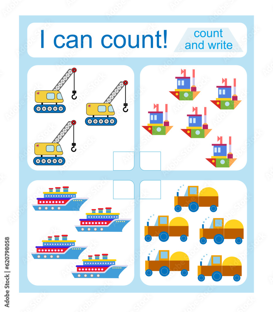Math activity for kids. I can count. Vector illustration.