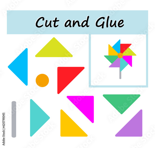 Cut parts of the image and glue on the paper. DIY worksheet. Vector illustration of pinwheel from geometric shapes.