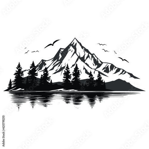 Illustration of mountain landscape with mountains, isolated on white background.