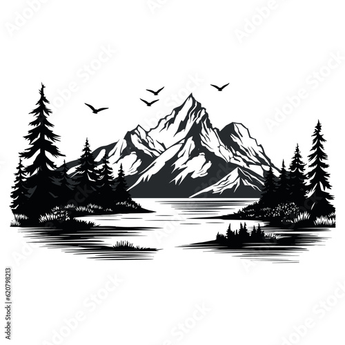 Illustration of mountain landscape with mountains, isolated on white background.