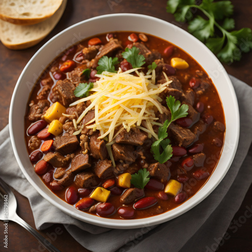 A comforting bowl of beef chili, featuring tender chunks of beef, kidney beans, tomatoes, and a medley of spices, garnished with shredded cheese