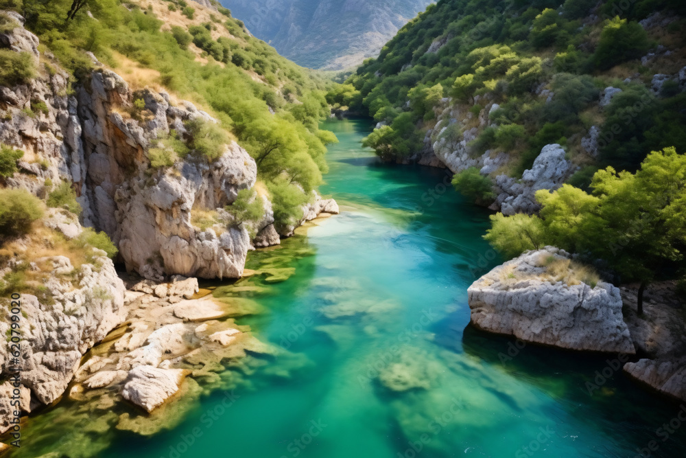 River moraca, canyon platije. montenegro, canyon, mountain road. picturesque journey, beautiful mountain turquoise river photography