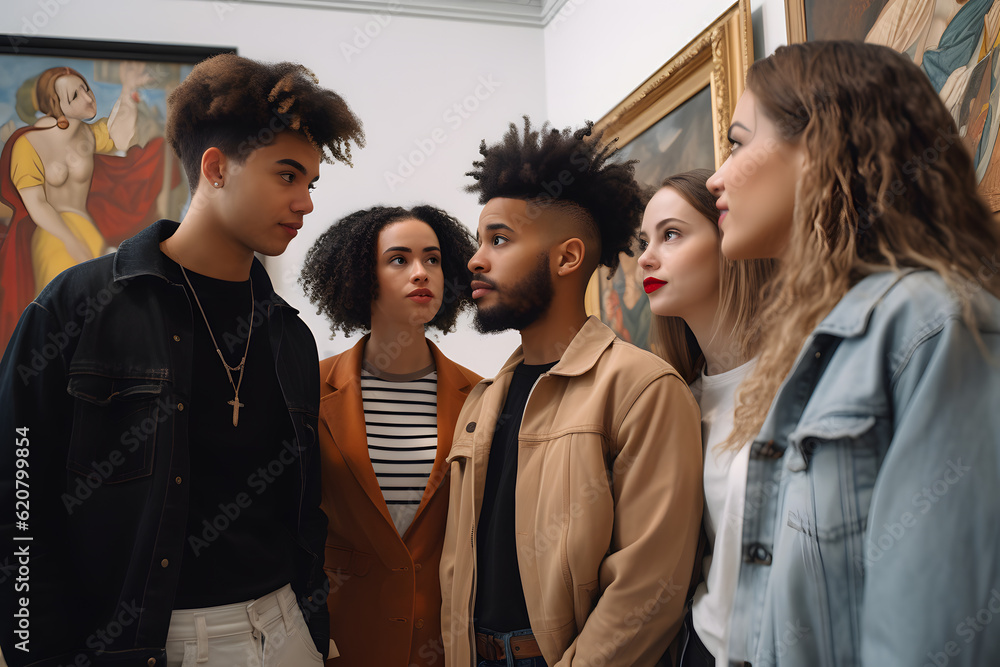 A group of friends from different races and genders exploring an art museum, admiring the diverse works of art and discussing their interpretations. Generative AI A group of friends from different races and genders exploring an art museum, admiring the diverse works of art and discussing their interpretations. Generative AI