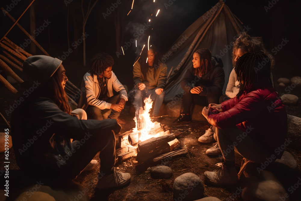 A group of friends from different races and genders gathering around a bonfire at a camping trip, sharing stories and bonding under the starry night sky. Generative AI